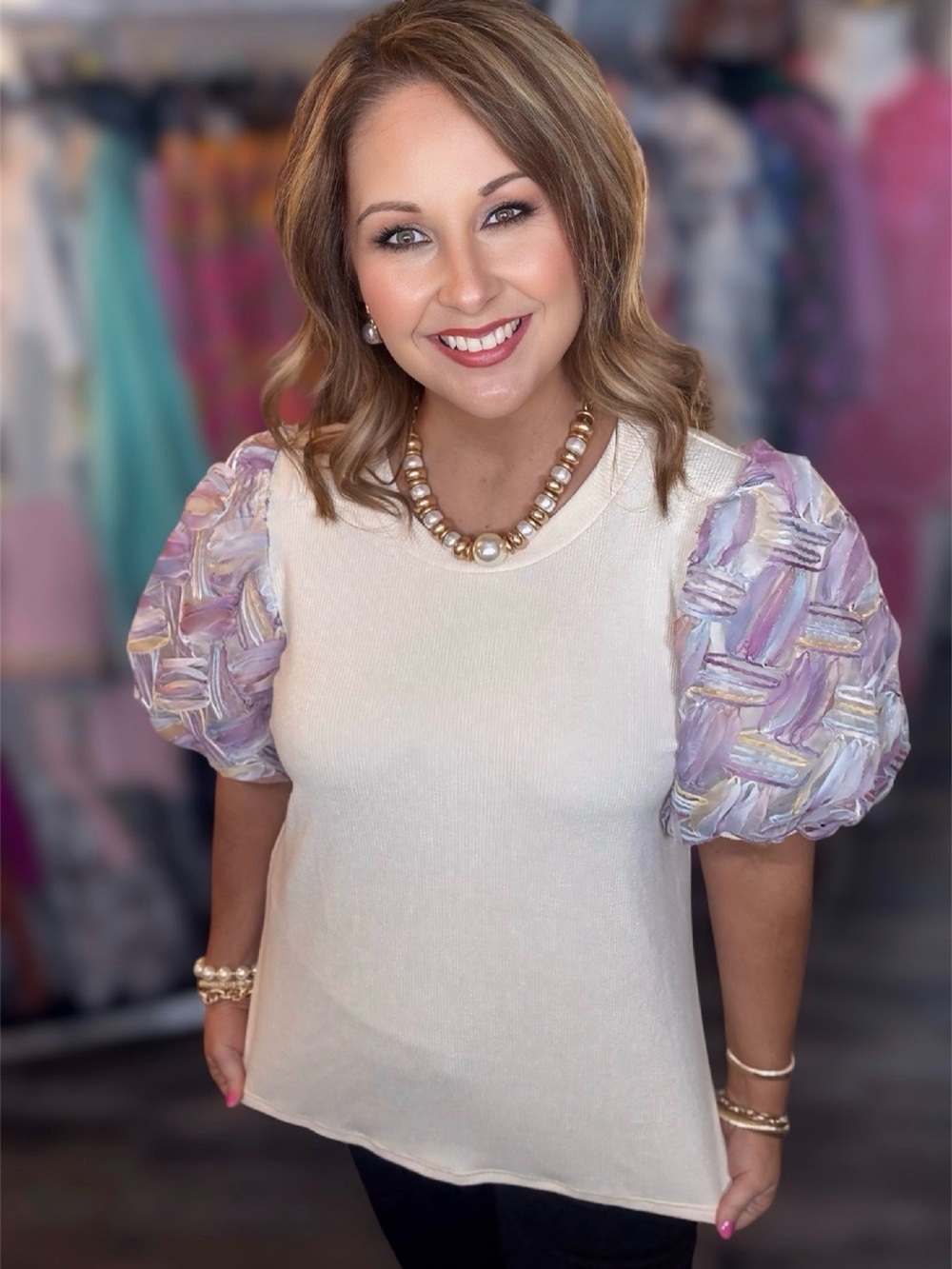 entro Ivory Knit Top with Lavender Puff Sleeves